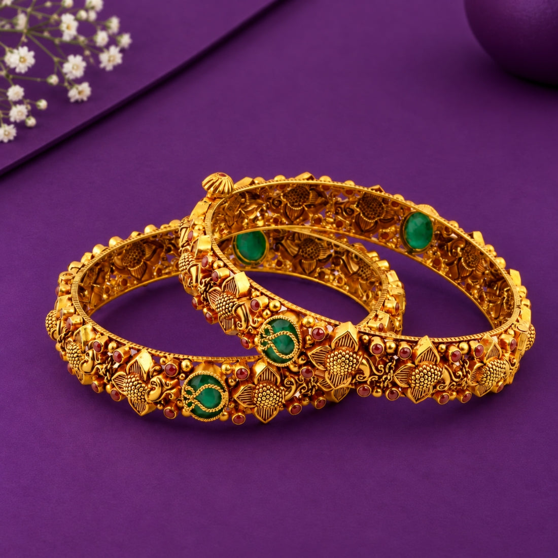 Vintage Emerald Green & Gold Embossed Lotus Nakshi 925 Silver Bangles