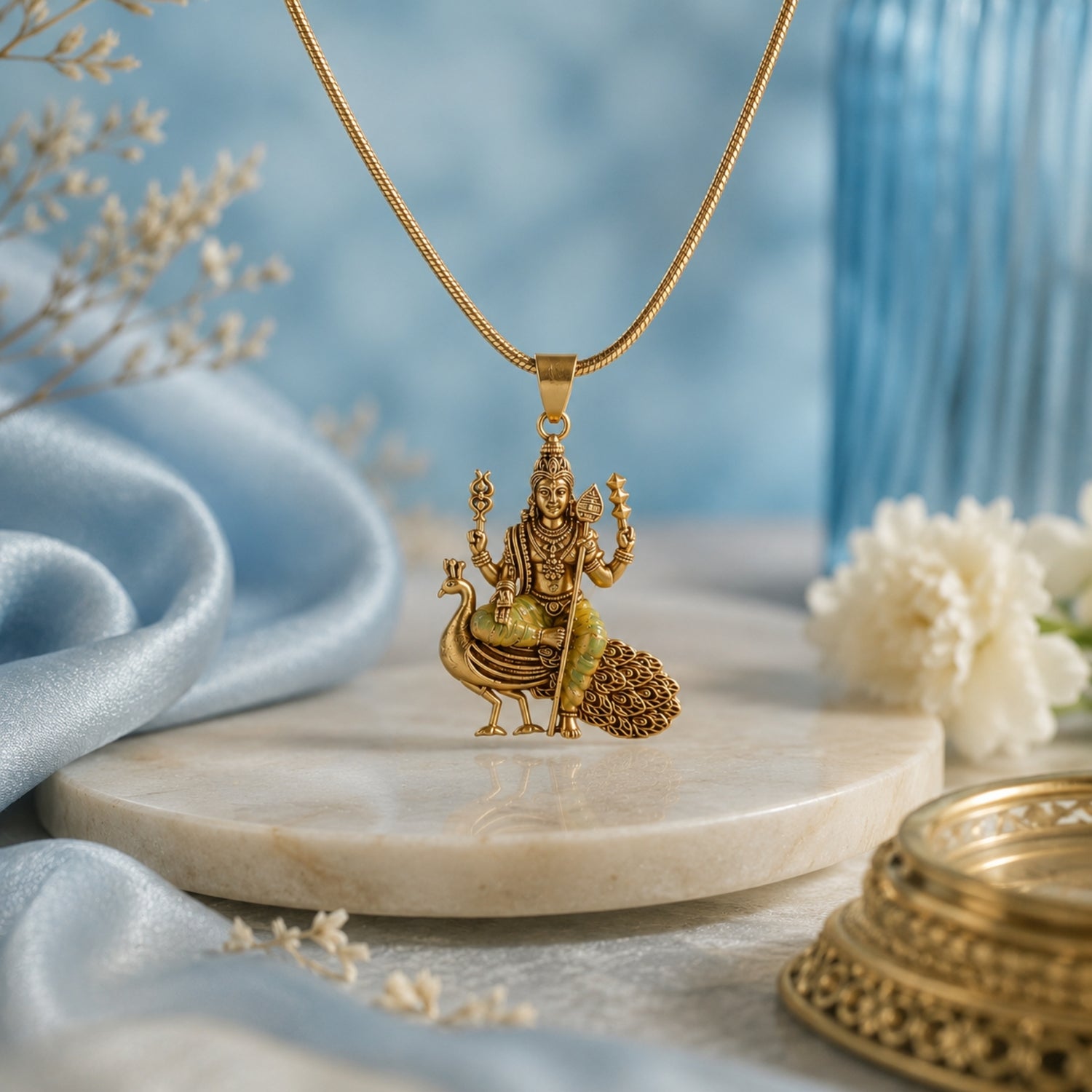Divine Gold Plated 925 Silver Lord Murugan on Peacock Pendant