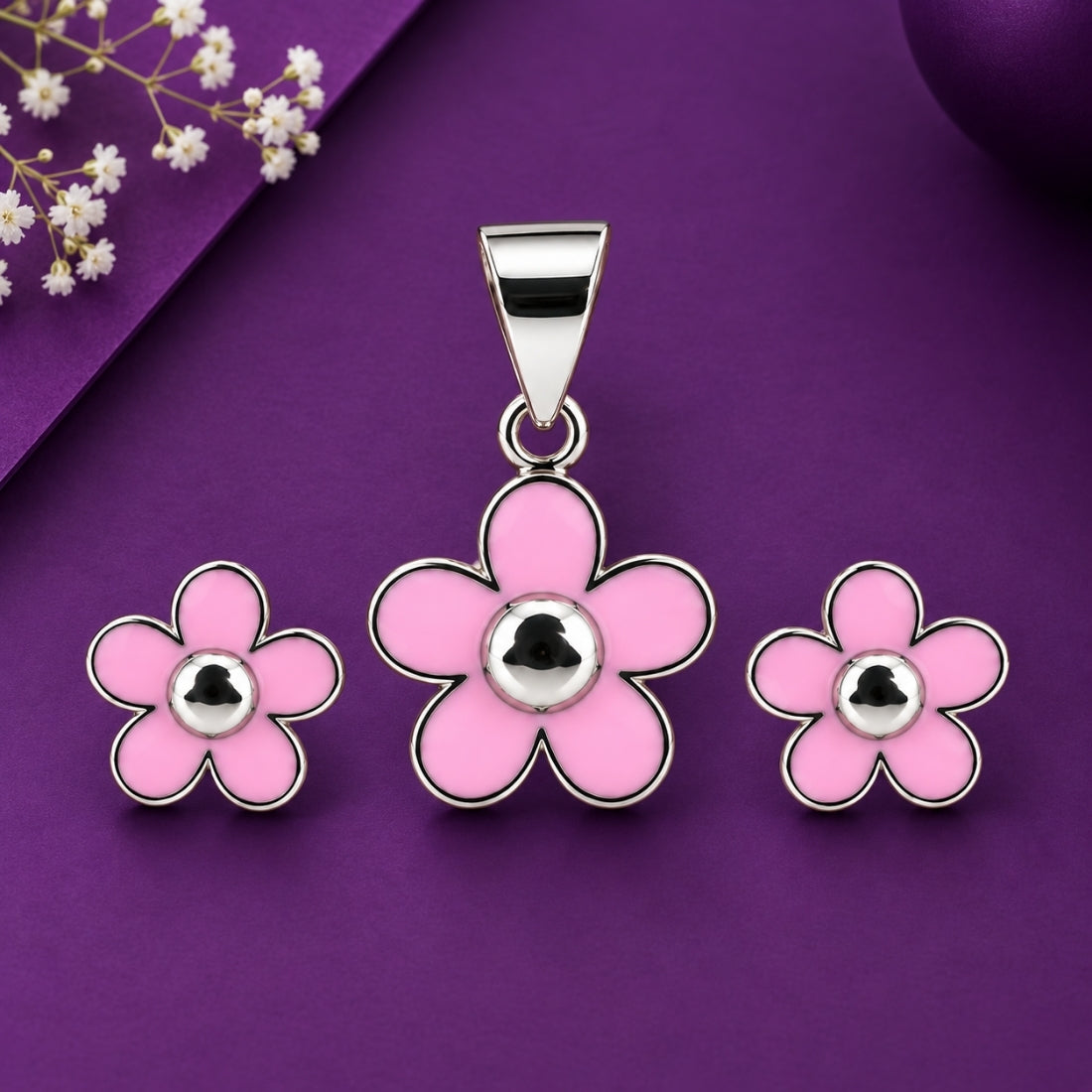 Blushing Blossom 925 Sterling Silver Pink Flower Pendant & Stud Earring Set for Kids