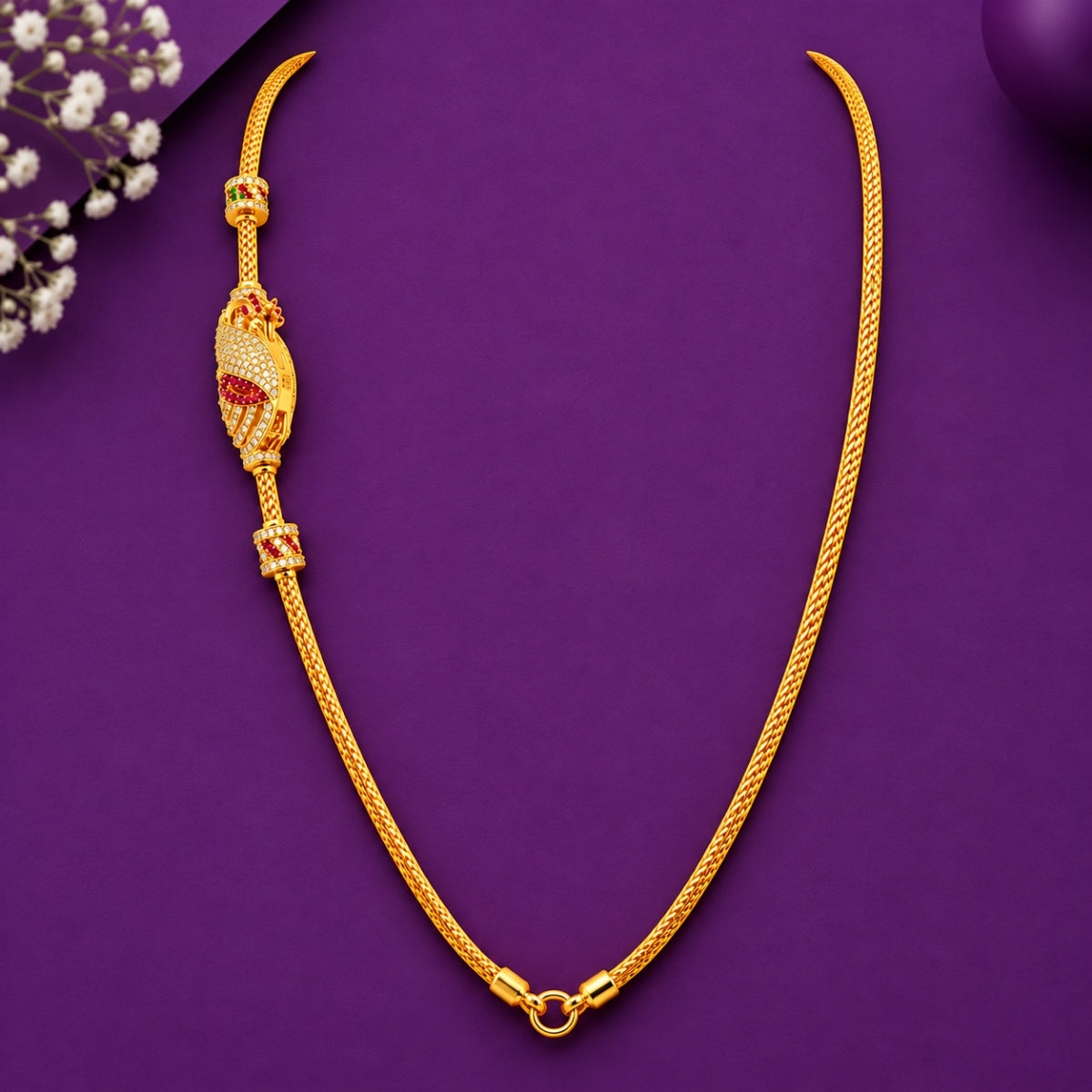 Traditional Twin Peacock Mango Ruby 925 Sterling Silver Gold Plated Thali Chain