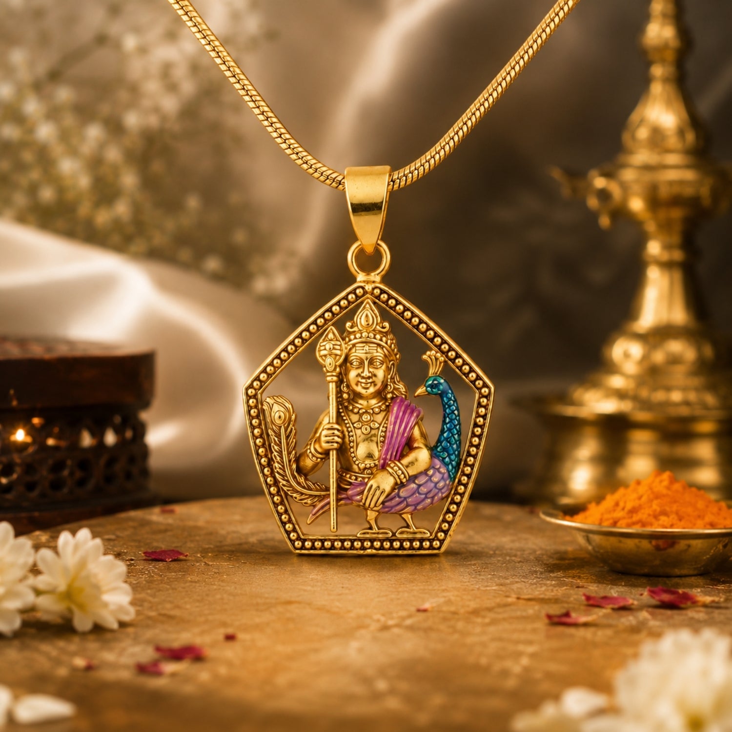 925 Sterling Silver Gold Plated Lord Murugan With Peacock Pendant