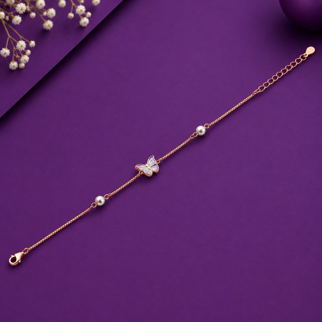 The Ethereal Flutter – 925 Rose Gold Pearl & Butterfly Bracelet