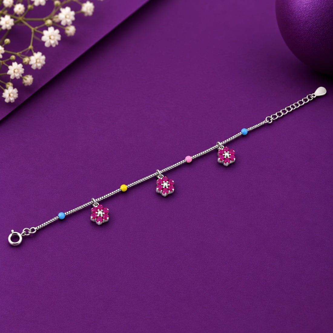 Floral Fiesta 925 Sterling Silver Pink Flower Kids Charm Bracelet
