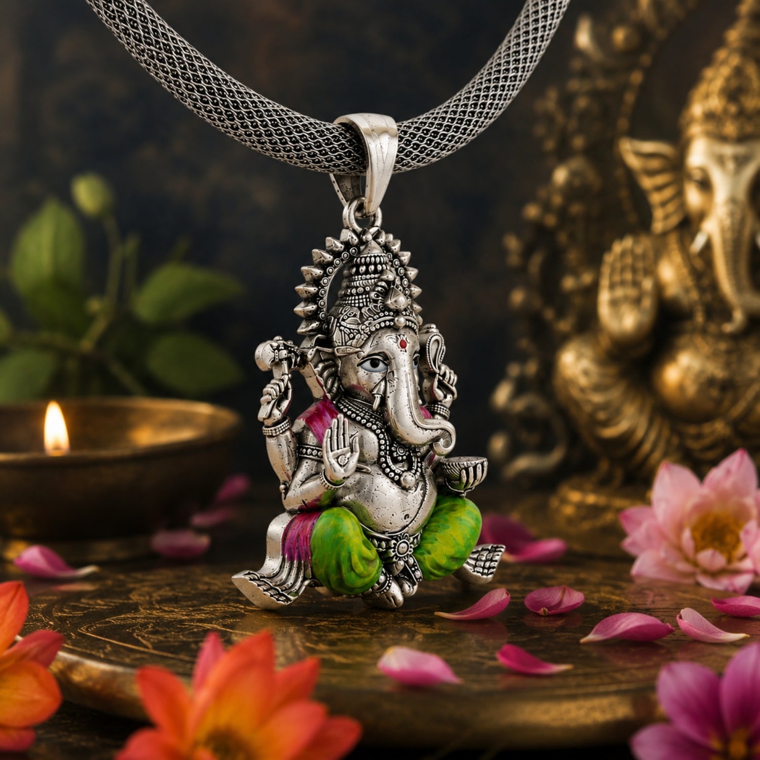 925 Sterling Silver Meenakari Ganesha Pendant