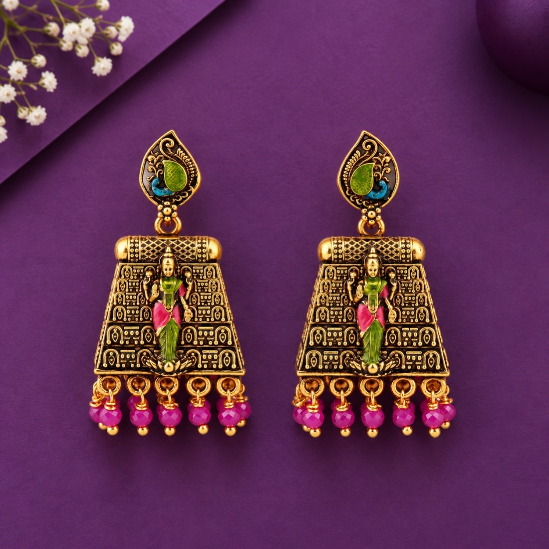 The Divine Lakshmi & Mayura Antique Temple 925 Silver Earrings