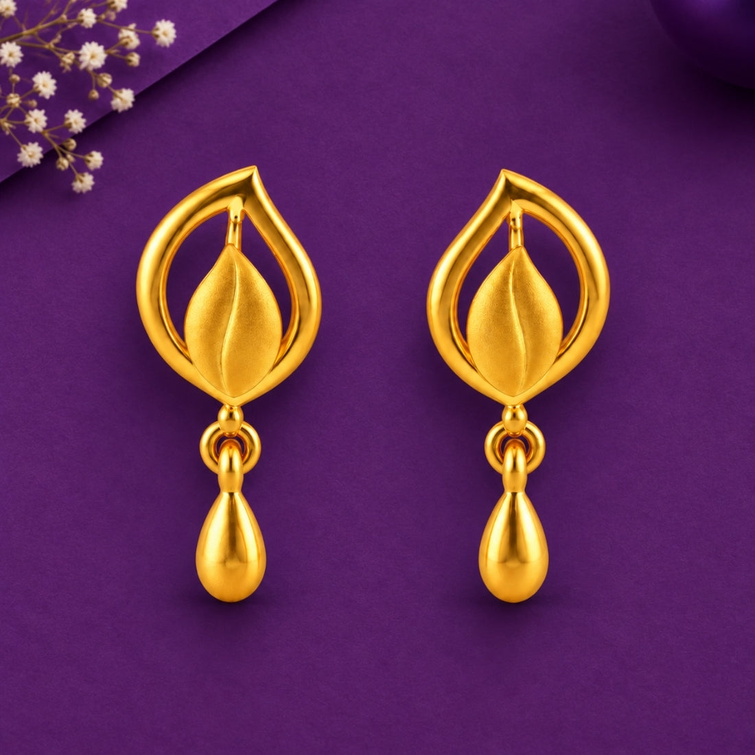 Golden Leaf 925 Sterling Silver Teardrop Dangle Stud Earrings