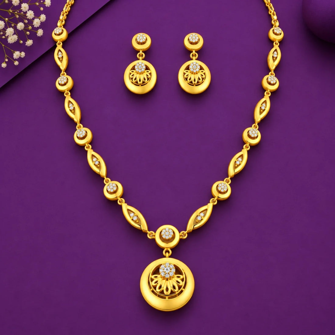 The Crescent Moon & Blossom Garland 925 Silver Necklace Set