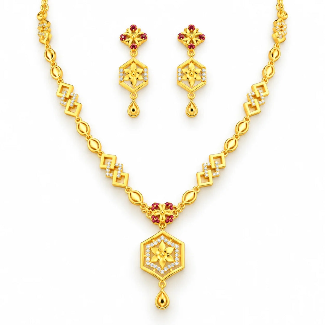 The Ananya Hexagonal Floral Bloom  925 Silver Necklace Set