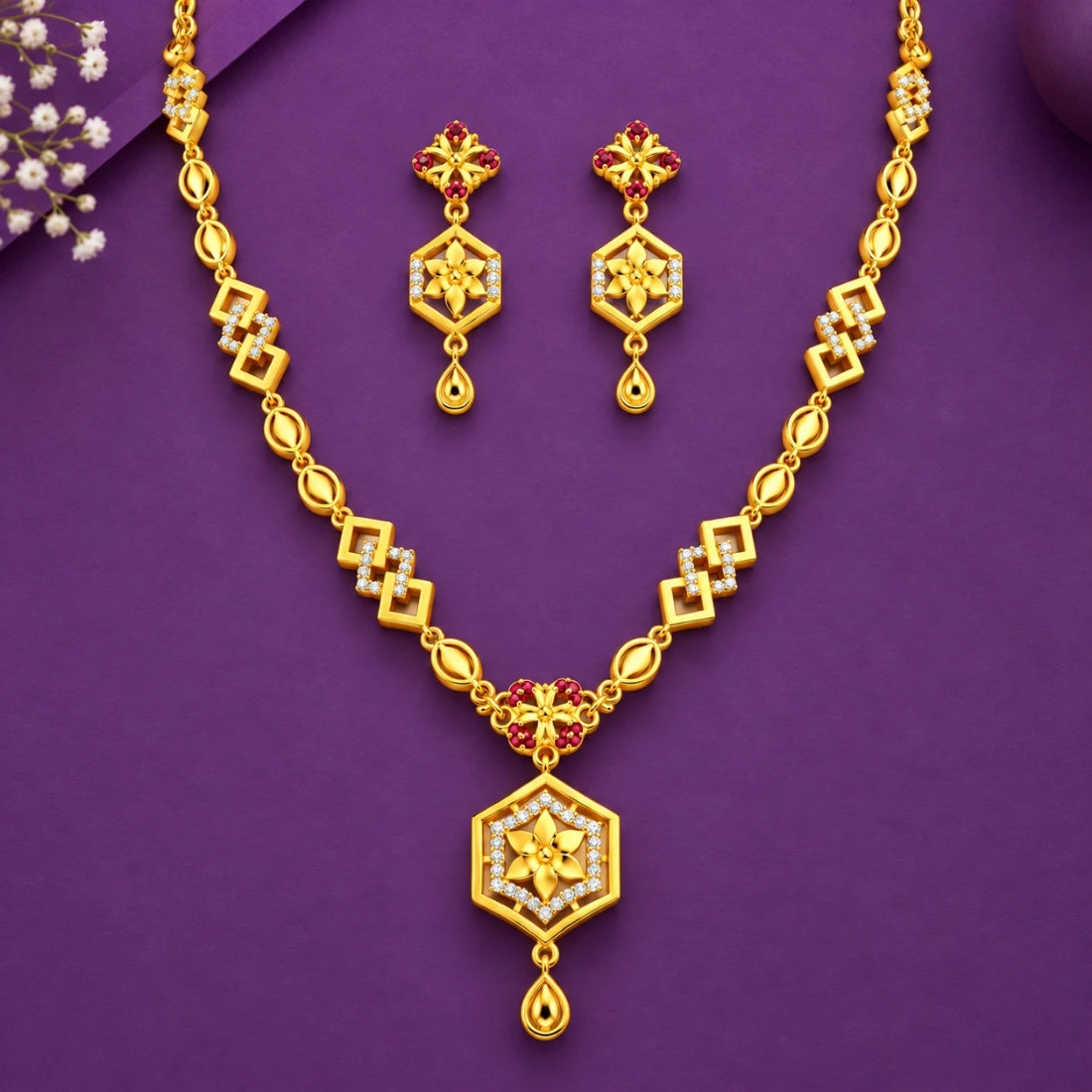The Ananya Hexagonal Floral Bloom  925 Silver Necklace Set