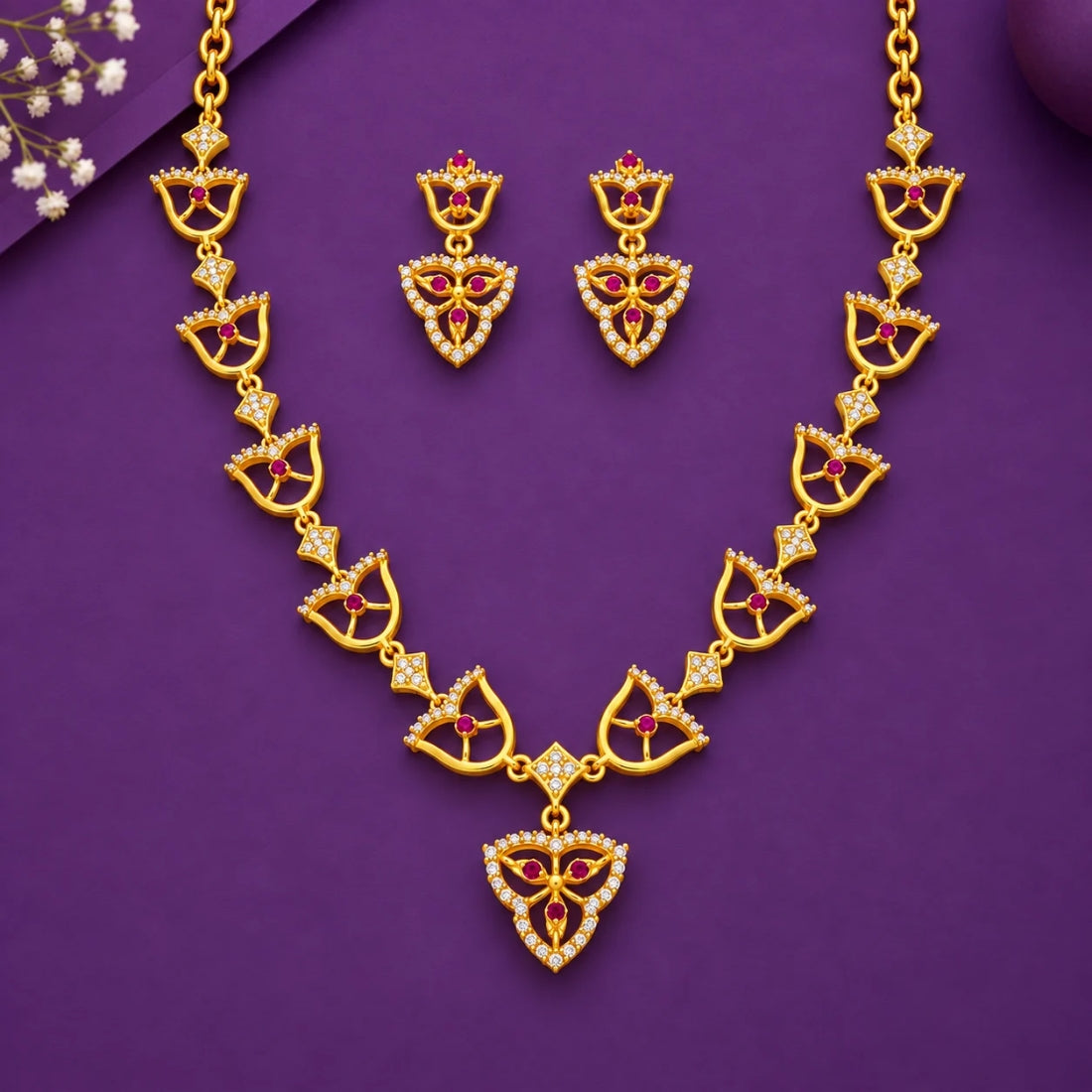 The Crimson Petal & Lattice 925 Silver Necklace Set