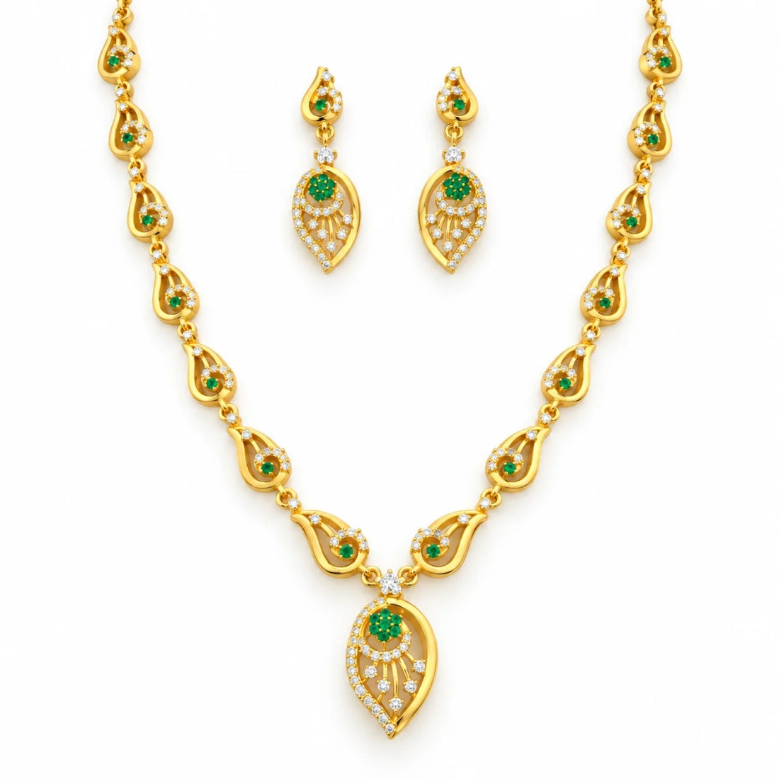 Zuri Emerald Paisley Crescent 925 Silver Necklace Set