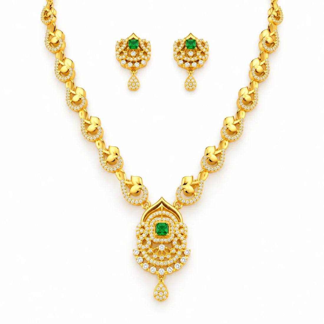 The Meera Emerald Chandelier Arch  925 Silver Necklace Set