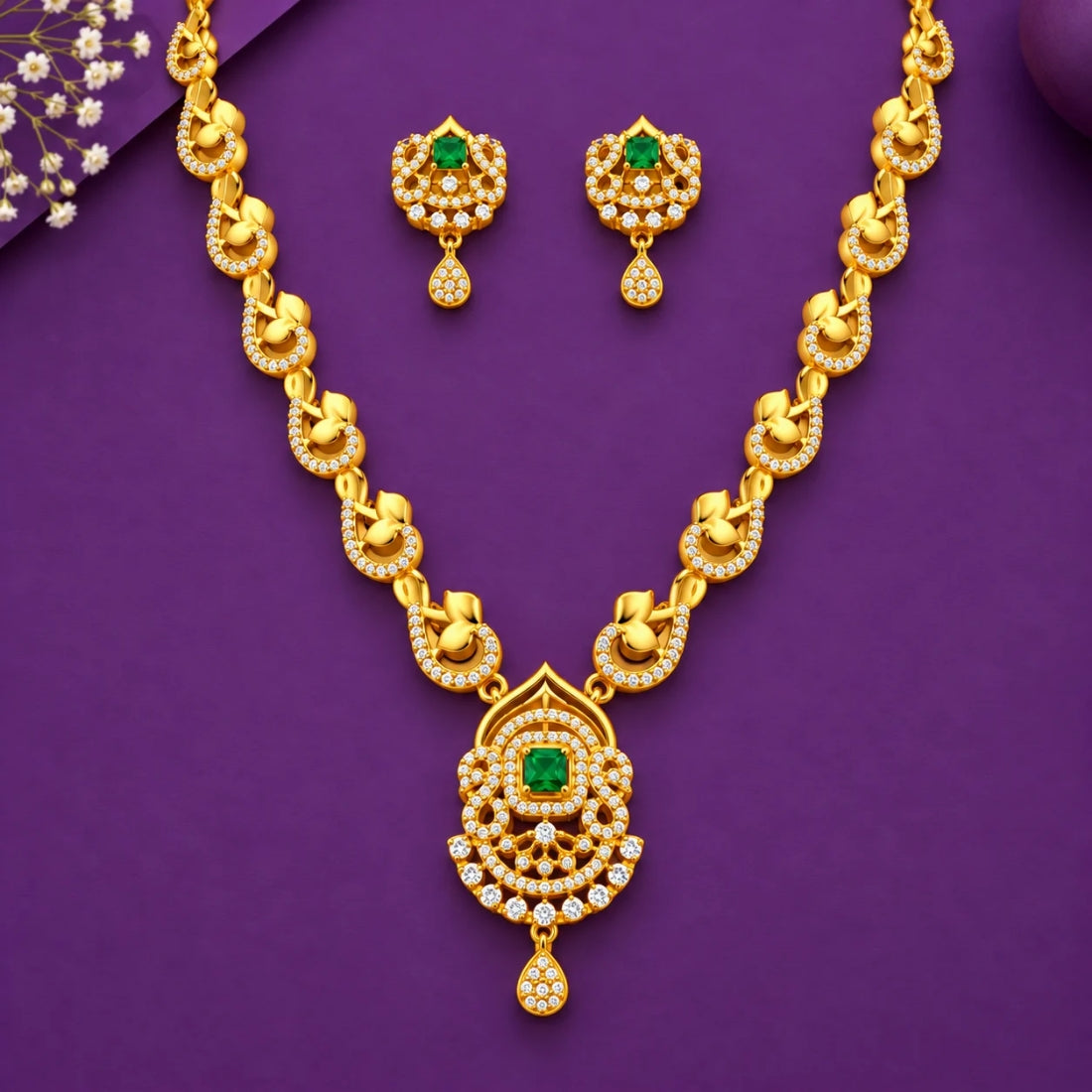 The Meera Emerald Chandelier Arch  925 Silver Necklace Set