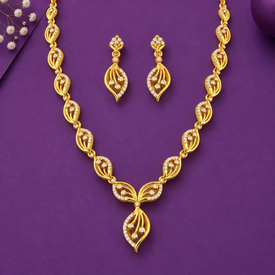 The Kriti Delicate Leaf & Bud Garland 925 Silver Necklace Set