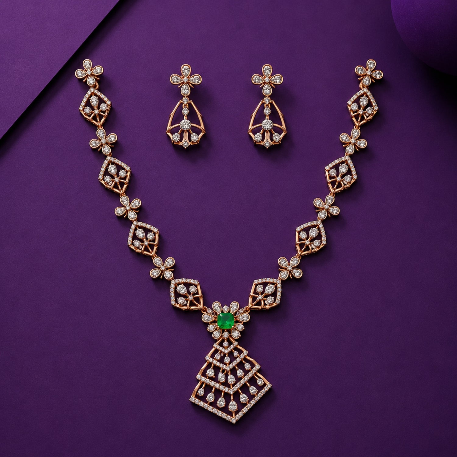 The Harini Marakata Shikhara Diamond-Finish 925 Silver Haram Set