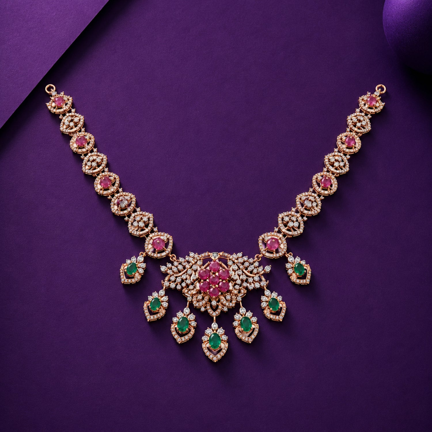 The "Rajkumari Empress" Diamond-Finish 925 Silver Navratna-Style Haar