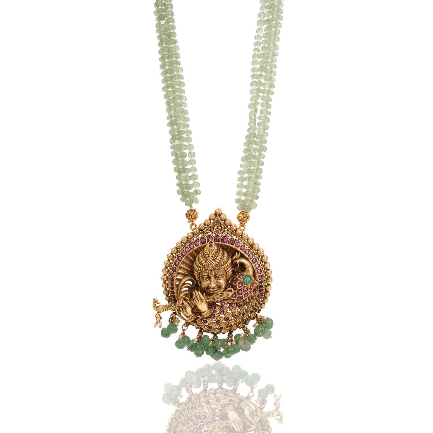 Krishna Veena Emerald Bead Silver Haram Radiant Gold With Beeds Finish – 405-00002