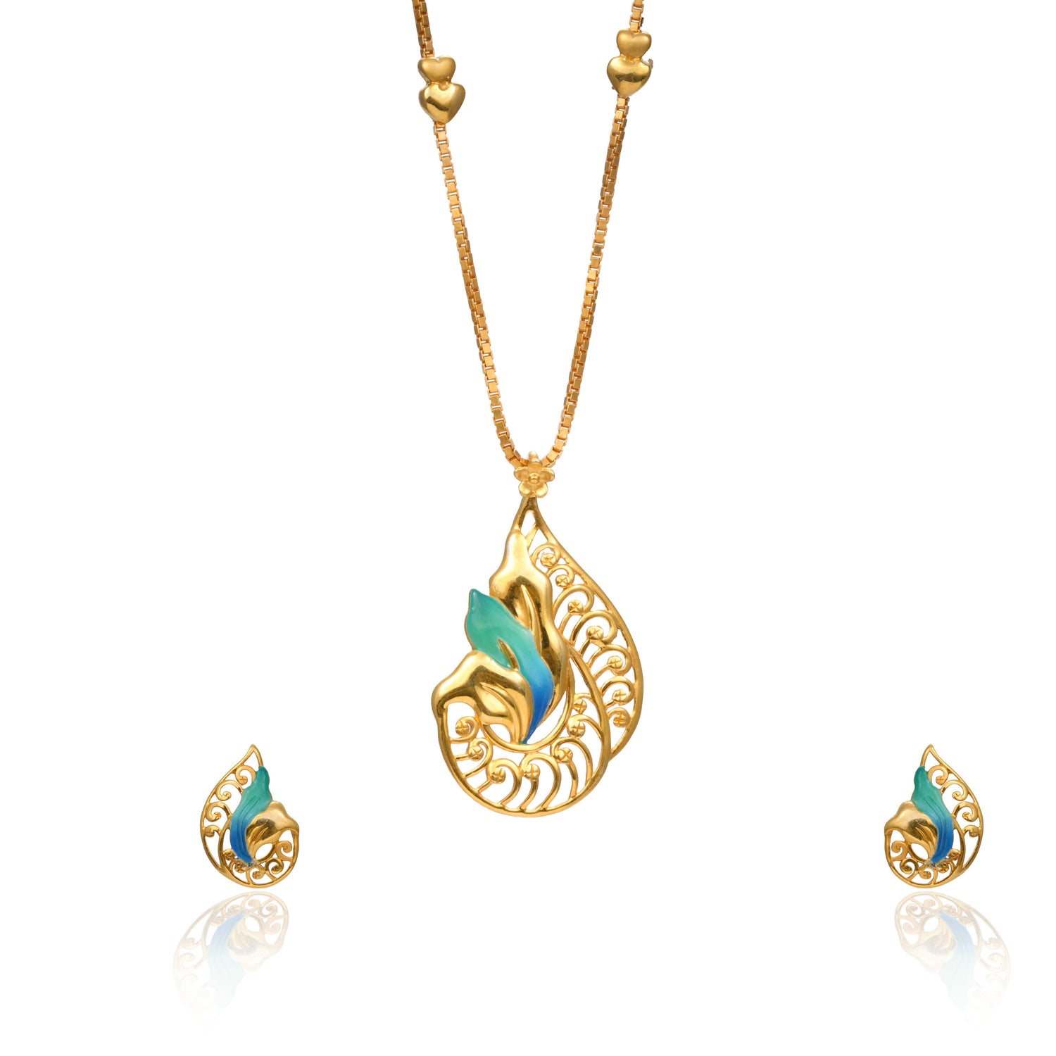 Azure teardrop grace silver chain with earring radiant gold finish – 966-00034