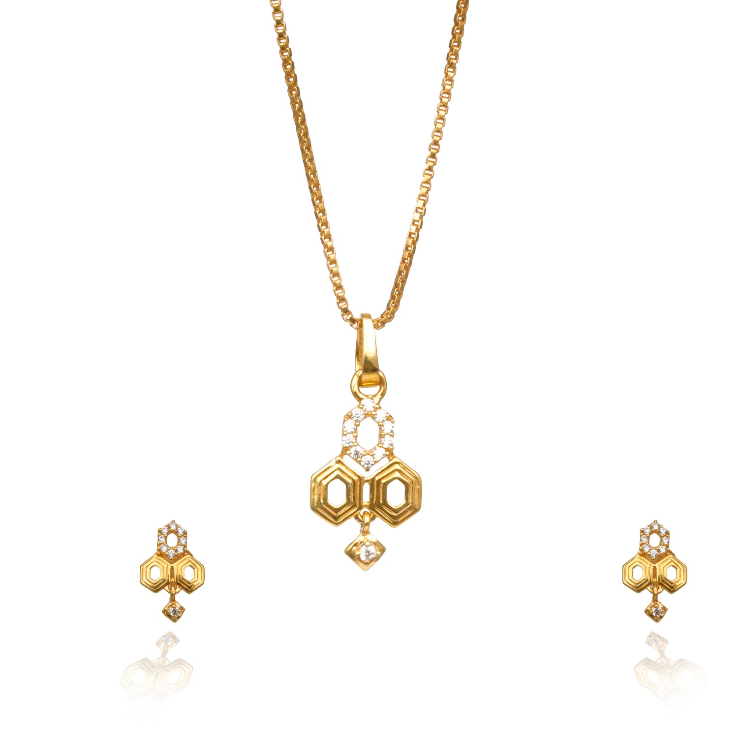 Honeycomb grace silver chain with earring radiant gold finish – 966-00032