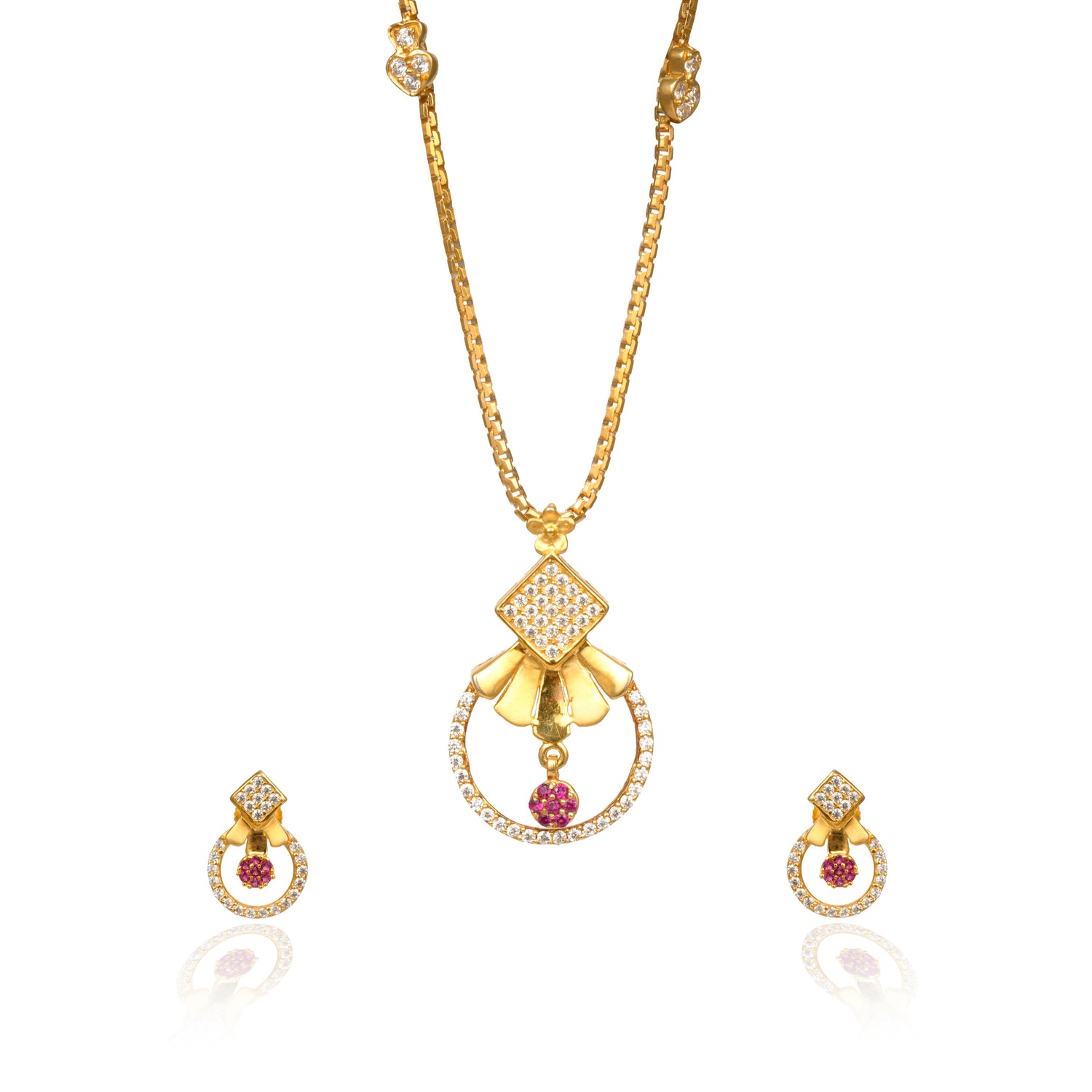 Imperial ruby halo silver chain with earring radiant gold finish – 966-00048