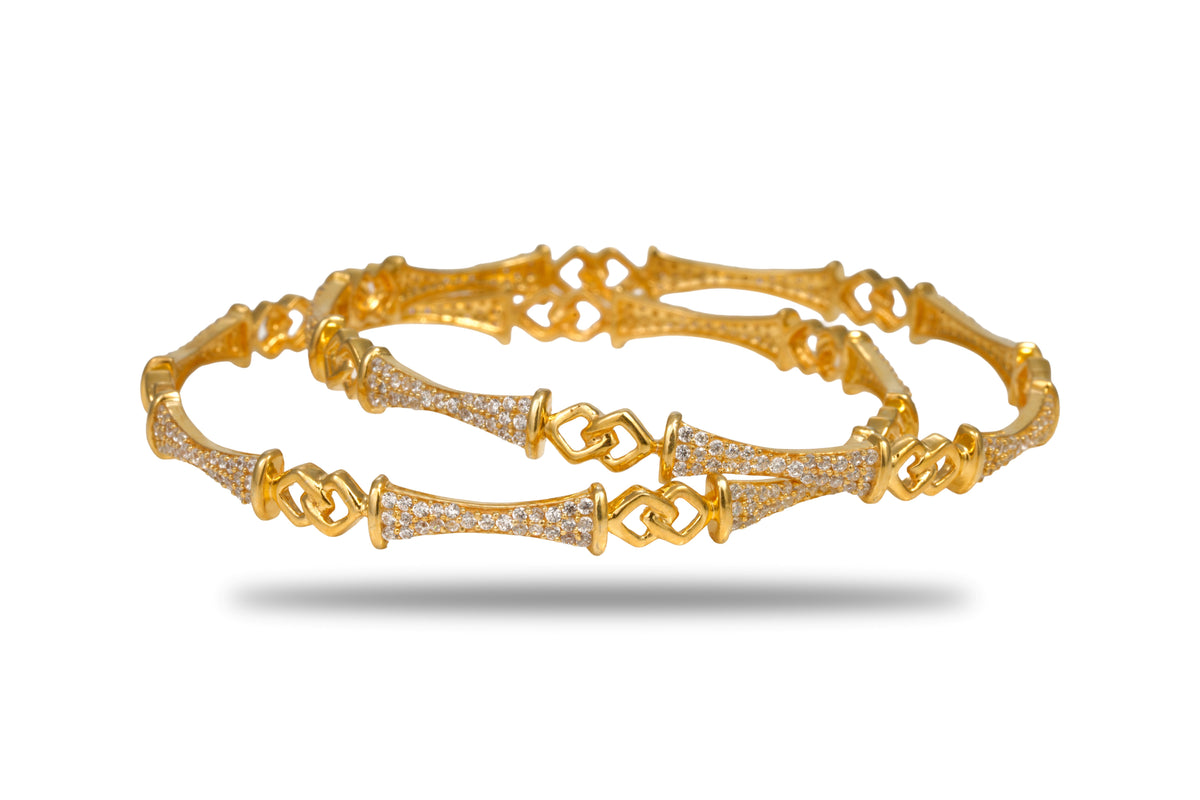 The Stella Linear Pave & Interlocking Heart 925 Silver Gold Plated Bangle Pair