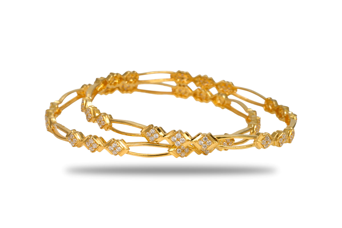The Stella Diamond-Cluster Linear 925 Silver Gold Plated Bangle Pair