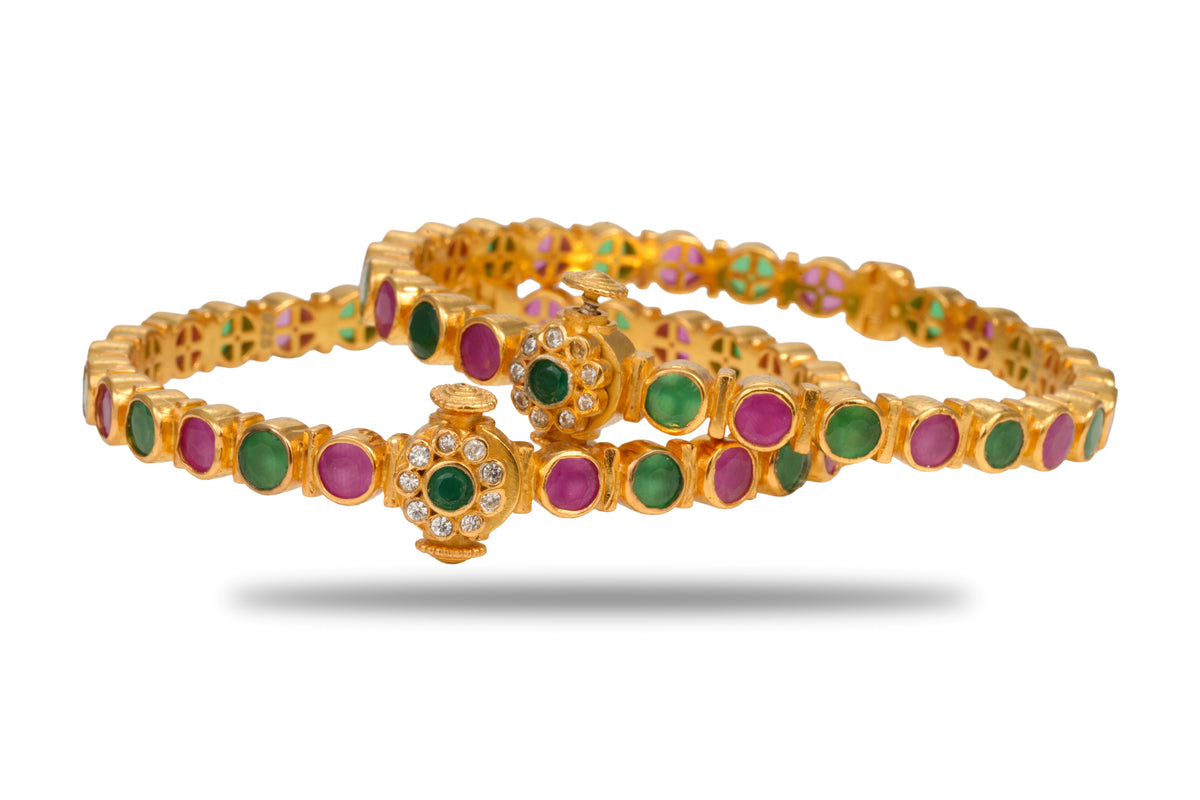 The Navya Navratna-Style Alternating Kemp 925 Silver Gold Plated Bangle Pair