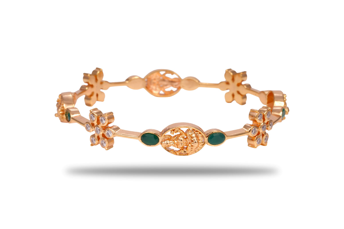 The Lakshmi Blossom Temple Medallion 925 Silver Gold Plated Bangle Pair