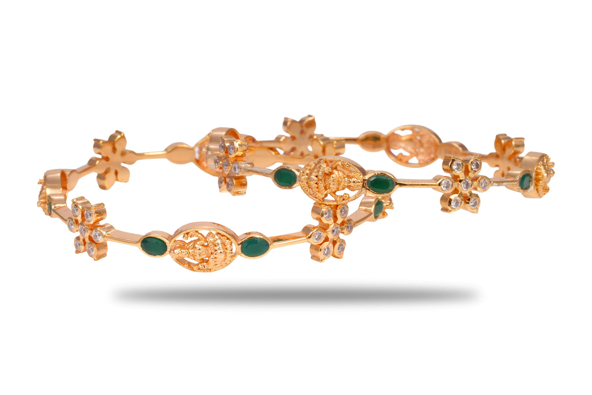 The Lakshmi Blossom Temple Medallion 925 Silver Gold Plated Bangle Pair
