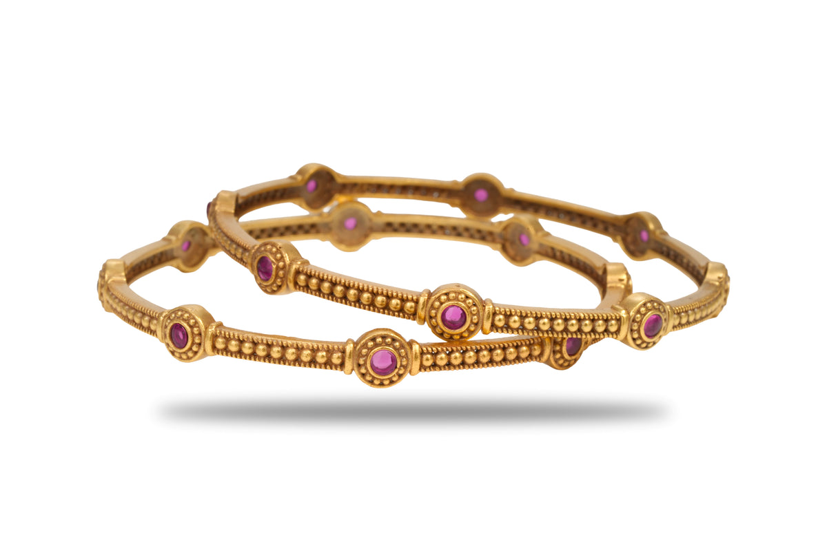 The Devika Antique Ruby Bead Heritage 925 Silver Gold Plated Bangle Pair