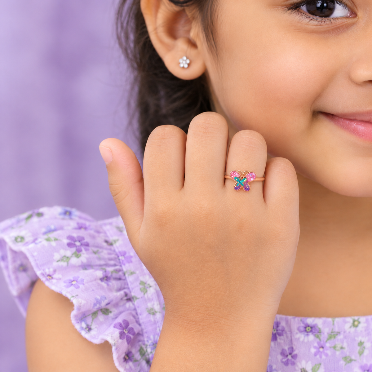 Whimsical Glitter Butterfly 925 Sterling Silver Rose Gold Plated Kids Ring