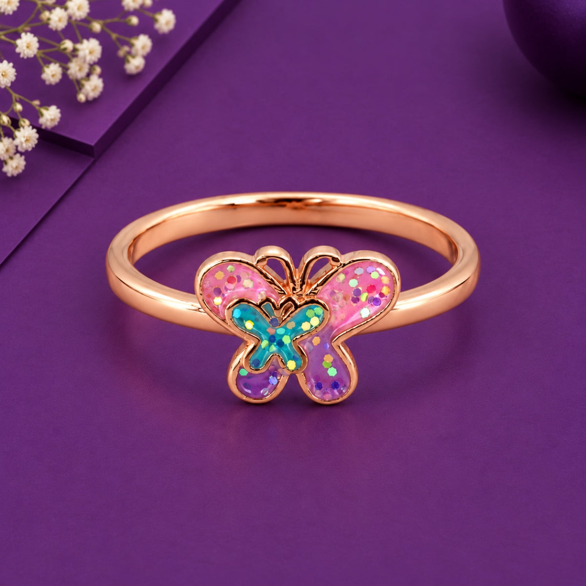 Whimsical Glitter Butterfly 925 Sterling Silver Rose Gold Plated Kids Ring