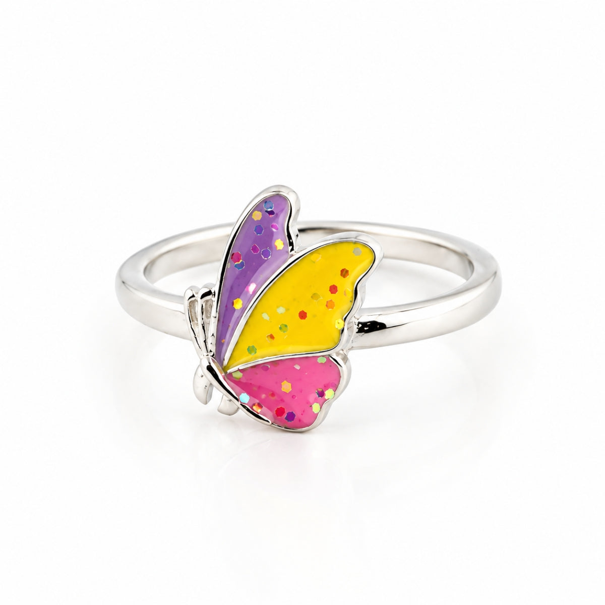 Vibrant Tricolor Glitter Butterfly 925 Sterling Silver Kids Ring
