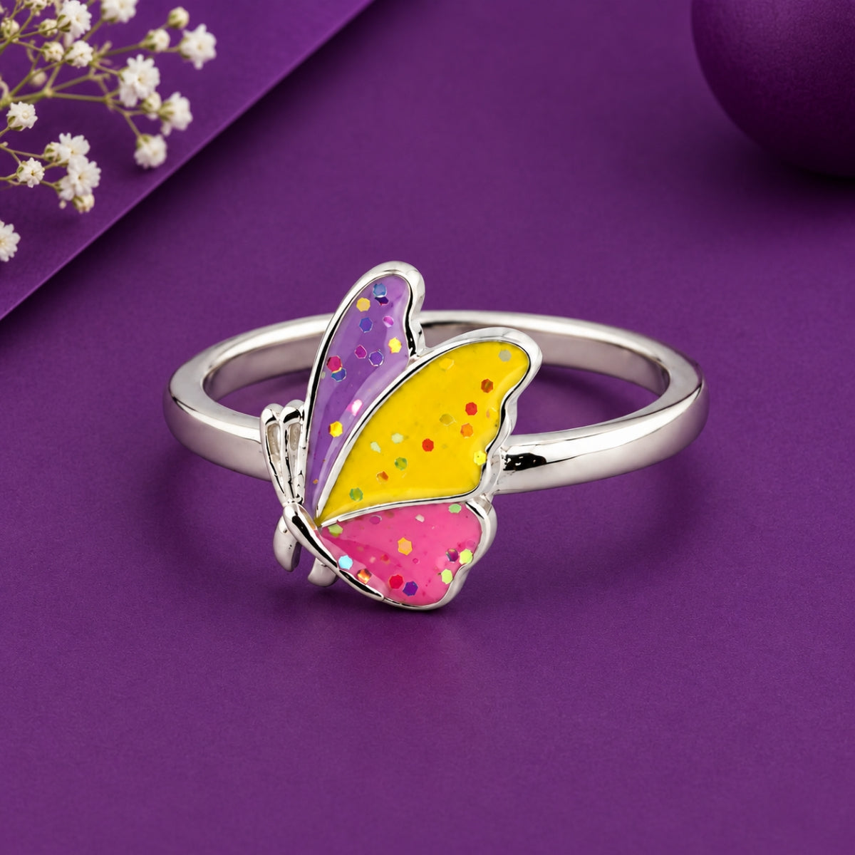 Vibrant Tricolor Glitter Butterfly 925 Sterling Silver Kids Ring