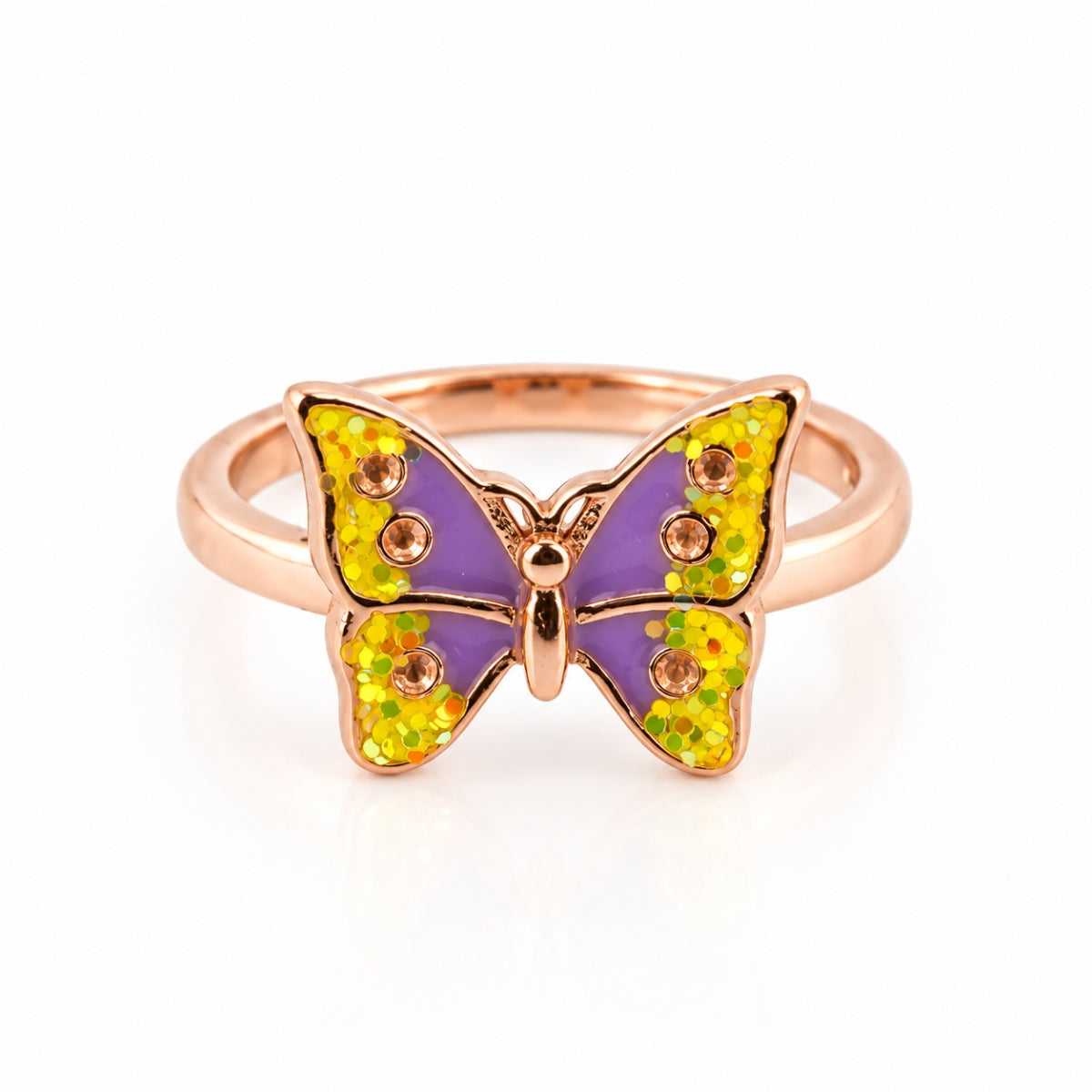 Enchanting Lavender & Yellow Glitter Butterfly 925 Sterling Silver Rose Gold Plated Kids Ring