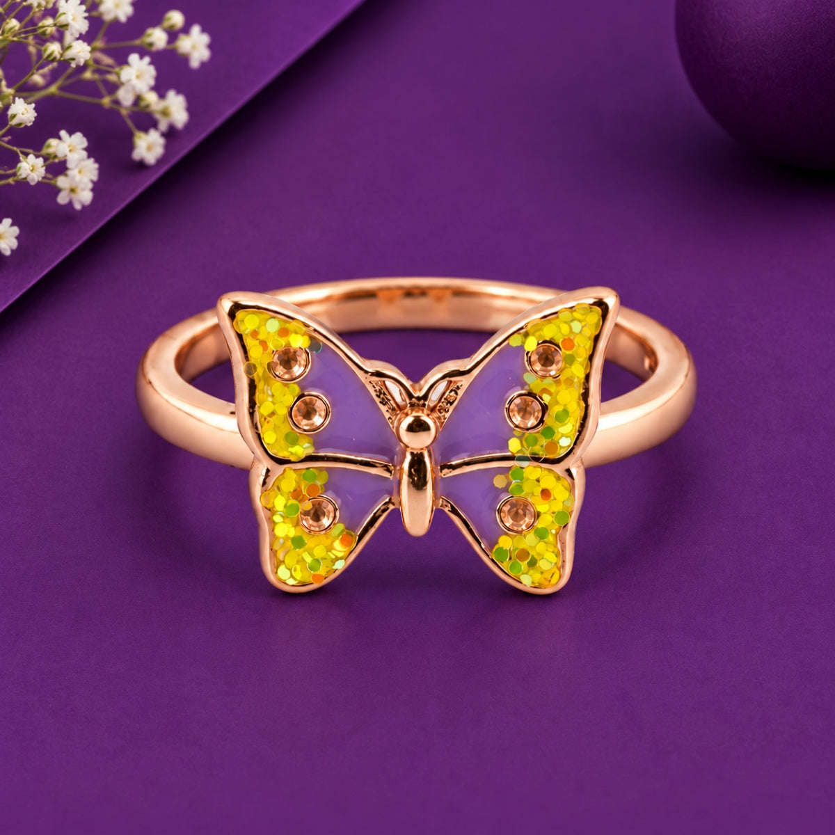 Enchanting Lavender & Yellow Glitter Butterfly 925 Sterling Silver Rose Gold Plated Kids Ring