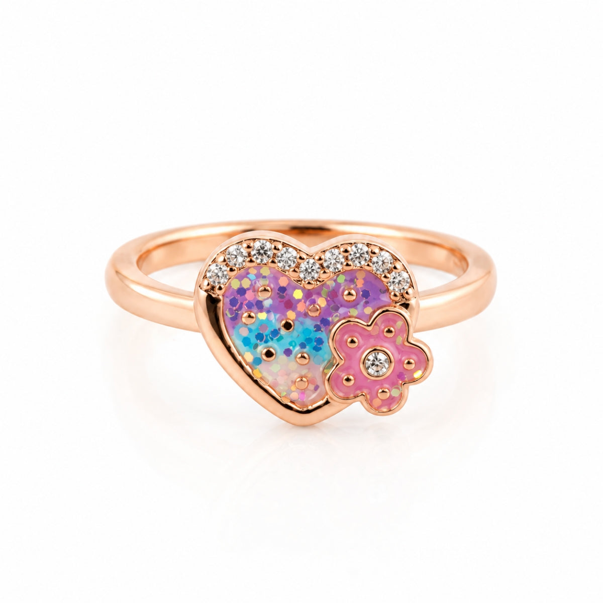 Sparkling Pastel Heart & Flower 925 Sterling Silver Rose Gold Plated Kids Ring