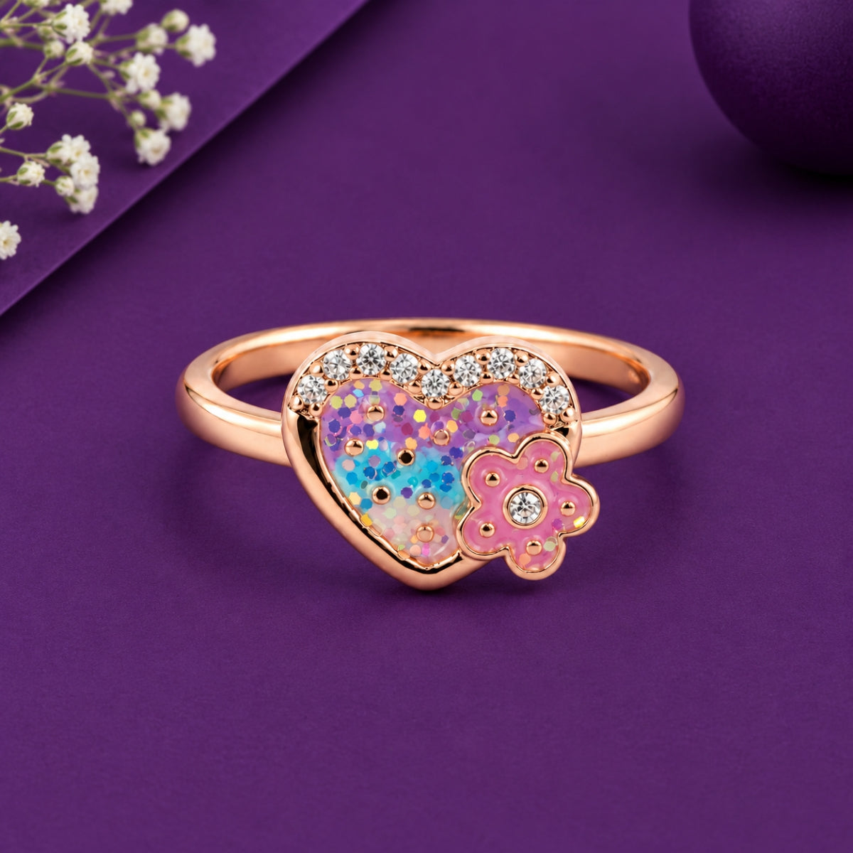 Sparkling Pastel Heart & Flower 925 Sterling Silver Rose Gold Plated Kids Ring