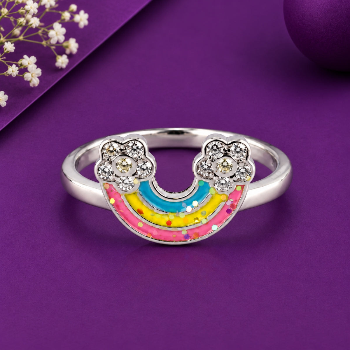 Sparkling Pastel Rainbow & Cloud 925 Sterling Silver Kids Ring