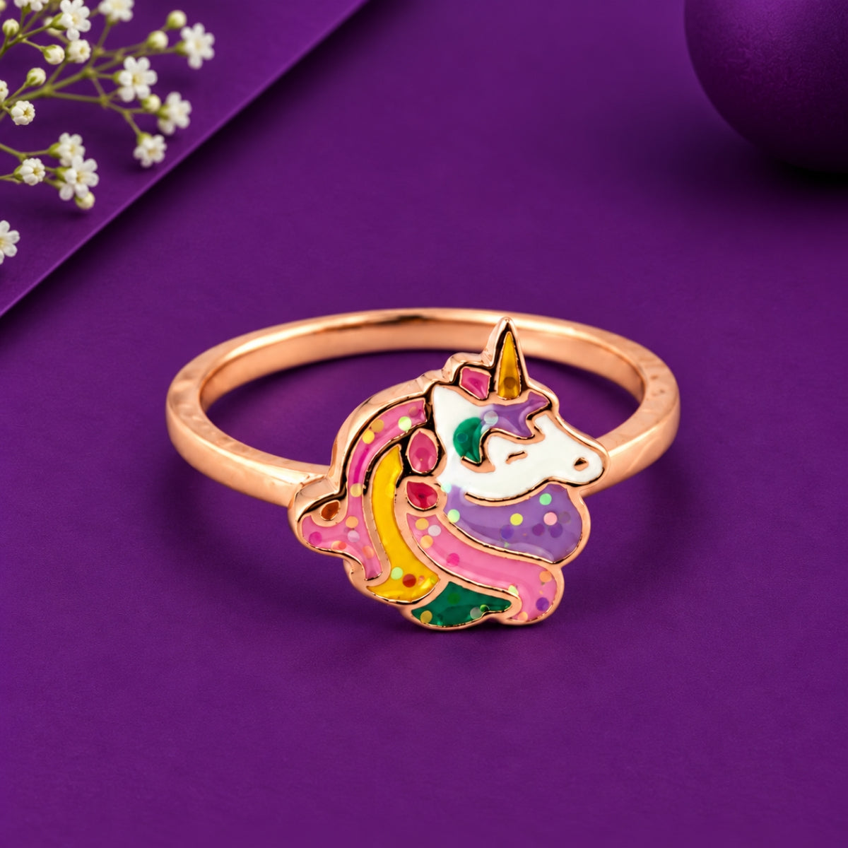 The Sparkle Stallion: 925 Sterling Silver Rose Gold Rainbow Unicorn Kids Ring