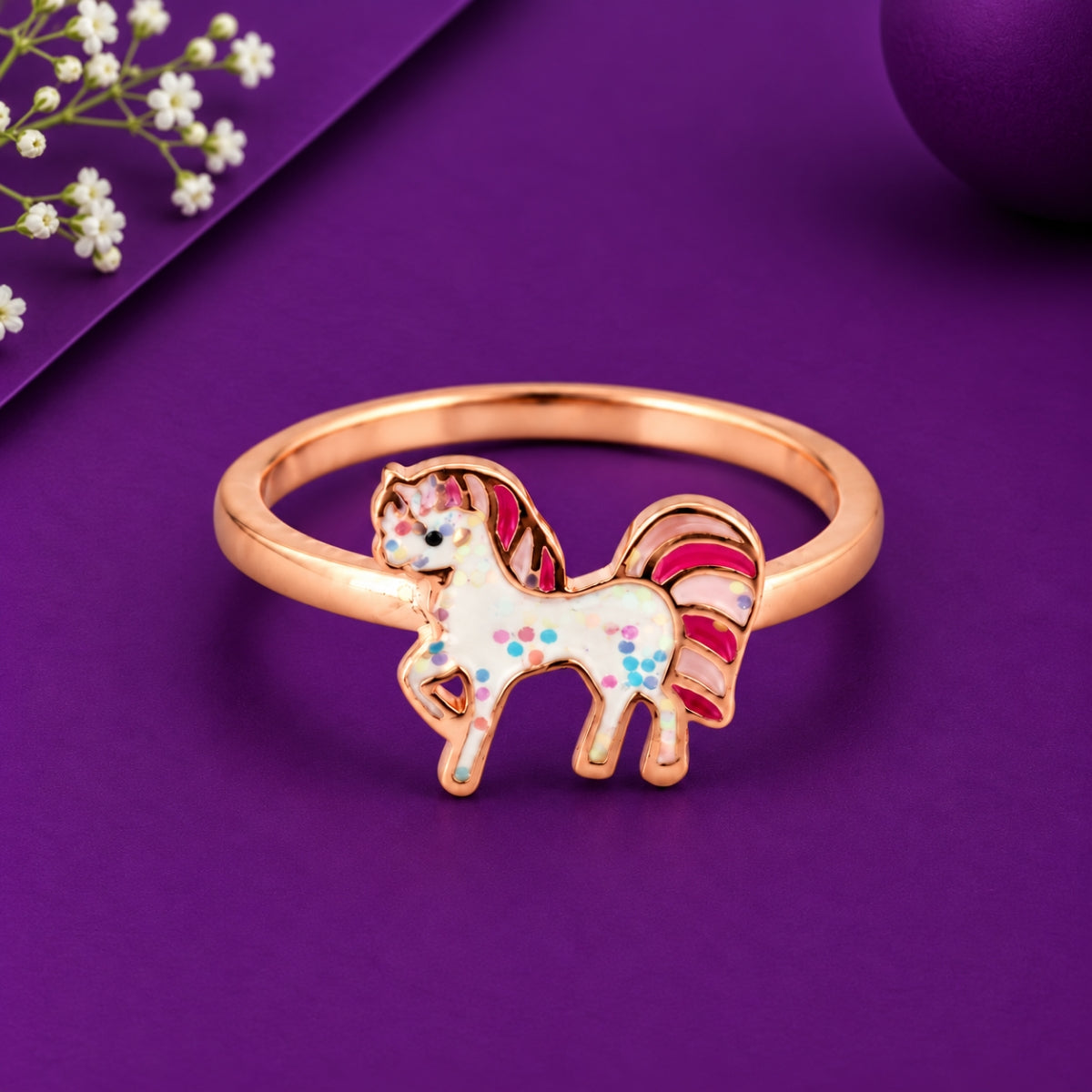 The Prancing Pixie: 925 Sterling Silver Rose Gold Glitter Pony Kids Ring
