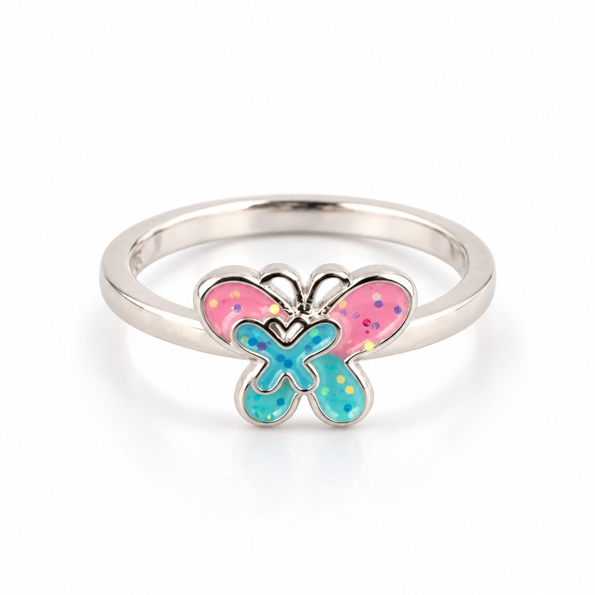 The Fluttering Fable: 925 Sterling Silver Pink & Blue Glitter Butterfly Kids Ring