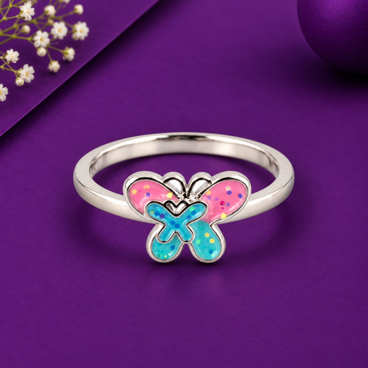 The Fluttering Fable: 925 Sterling Silver Pink & Blue Glitter Butterfly Kids Ring