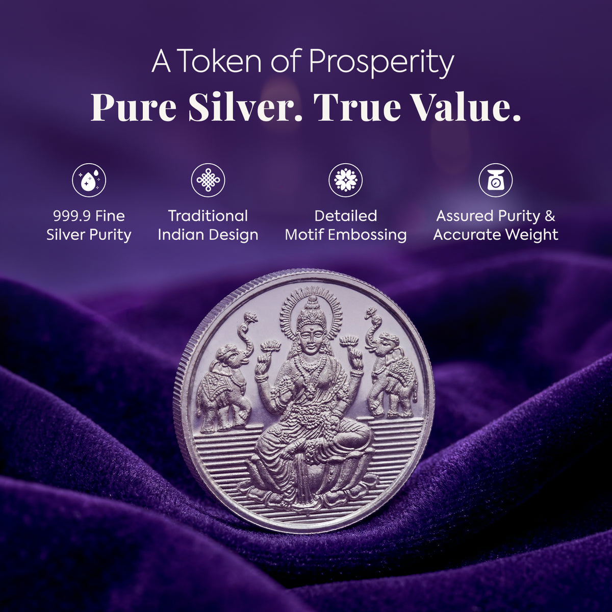 Silver coin with detailed design on a purple fabric background, featuring text about the coin's features.