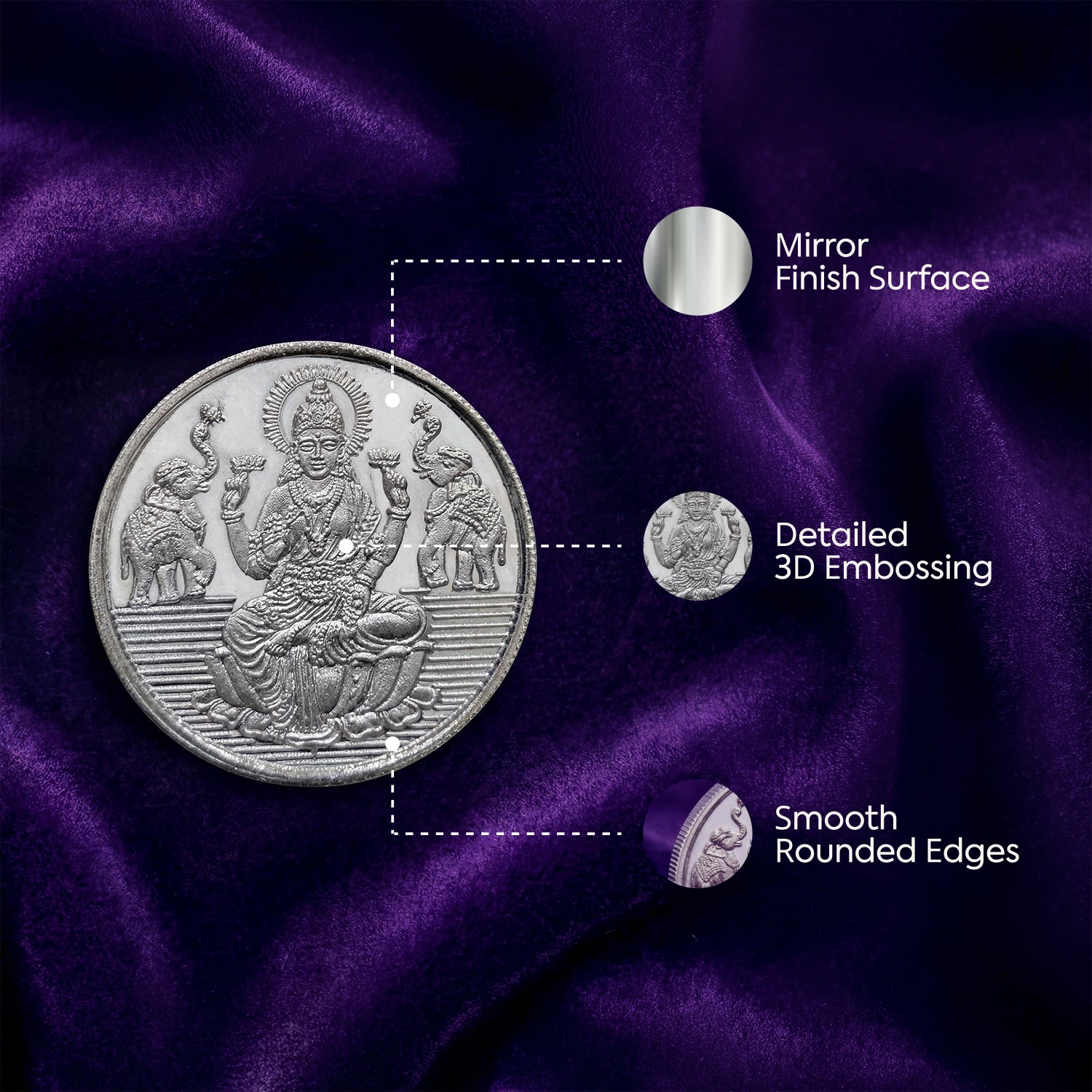 Silver coin with detailed embossing on a purple fabric background