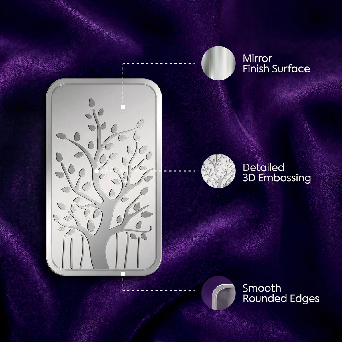Metallic decorative panel with tree design on a purple fabric background