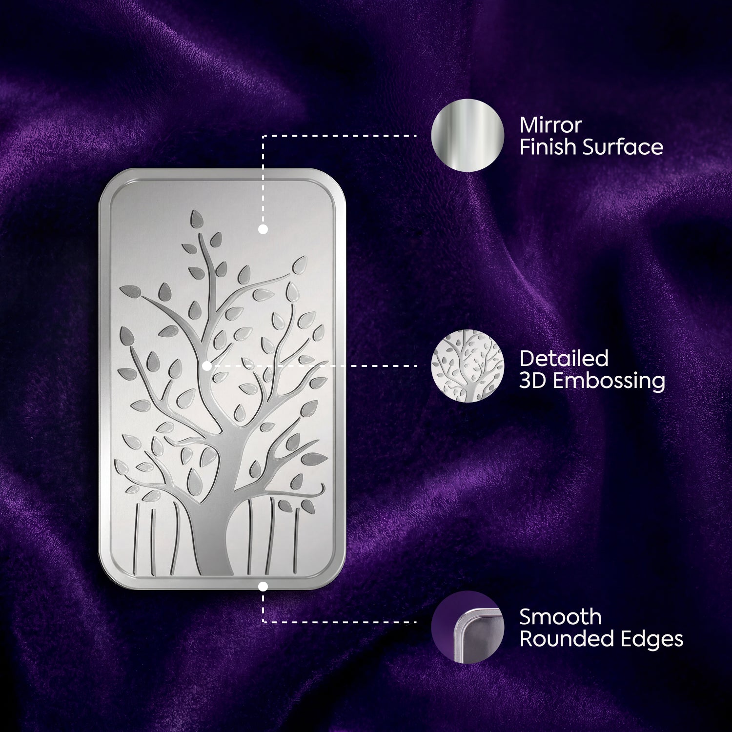 Metallic decorative panel with tree design on a purple fabric background