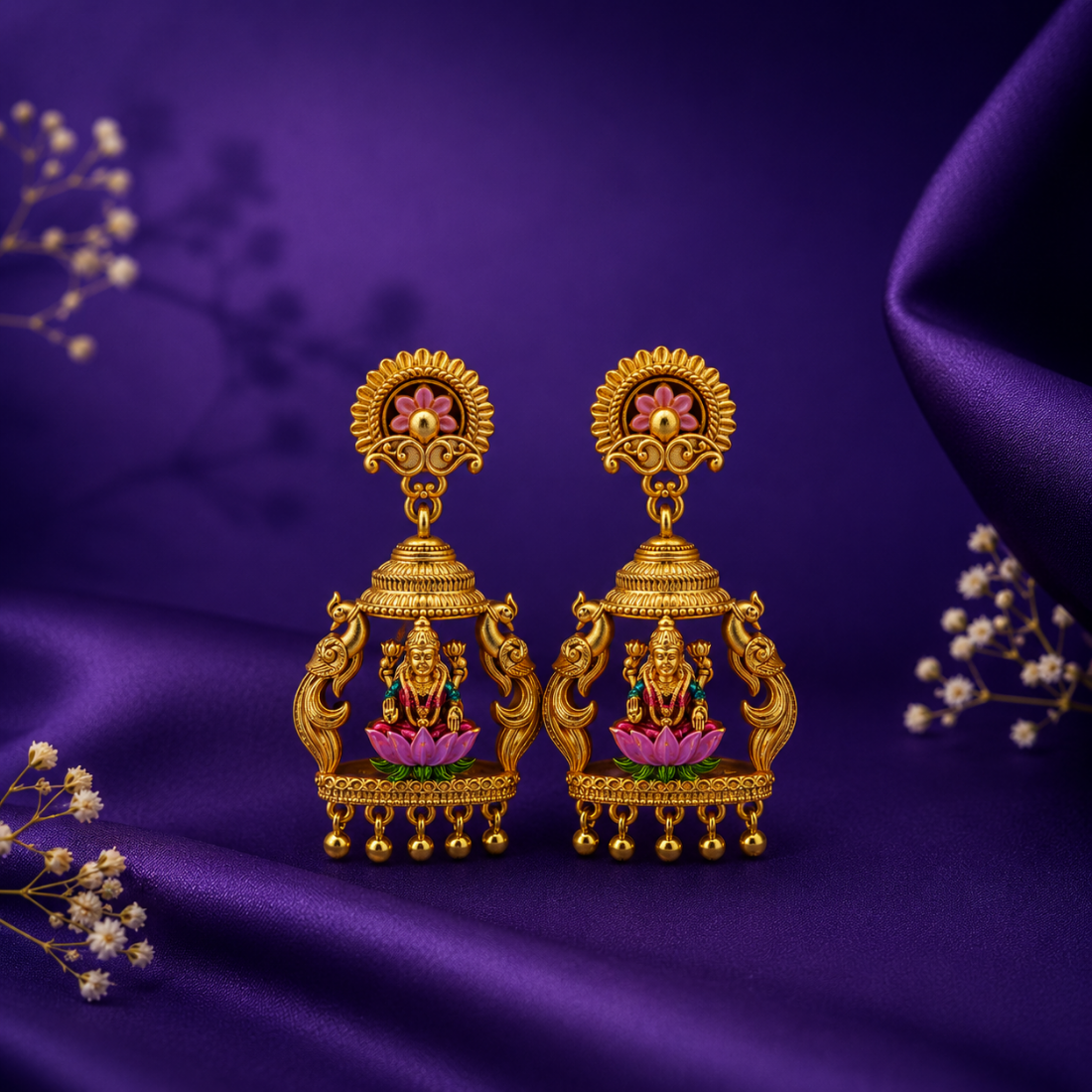 Divine Lakshmi Lotus Arch Gold-Plated 925 Silver Drops