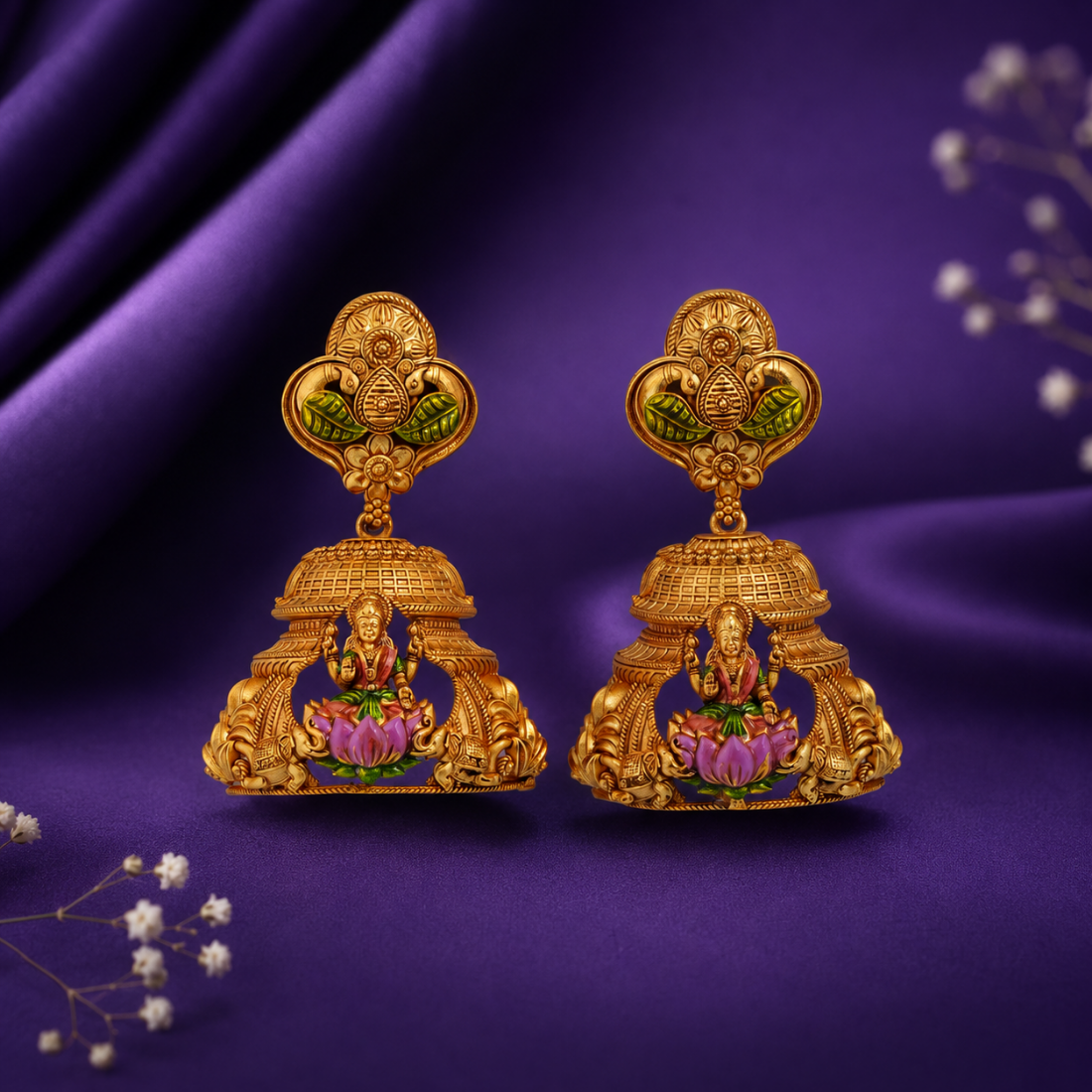 Twin Peacock & Lakshmi Cage Gold-Plated 925 Silver Drops