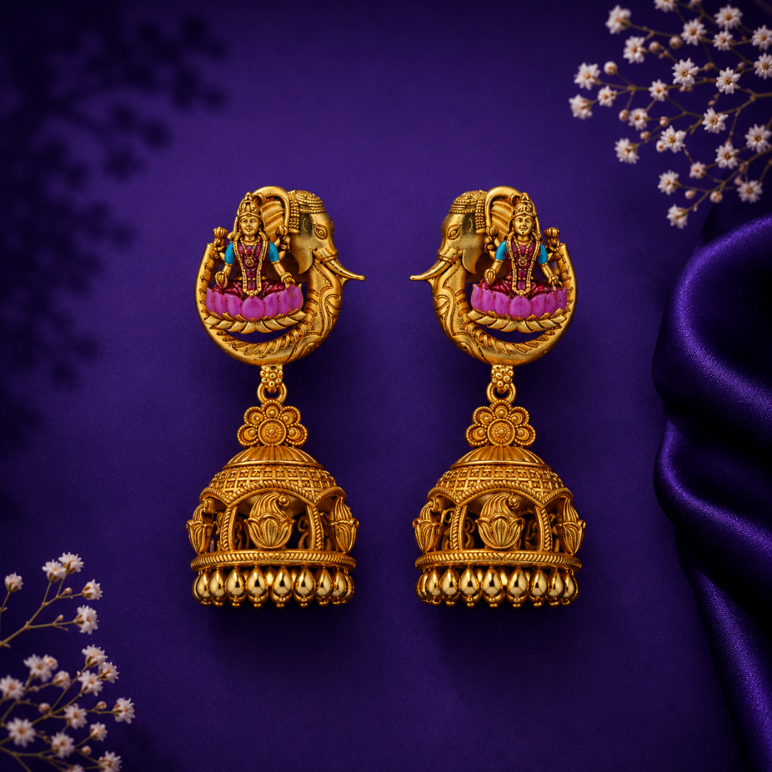 Divine Gaja Lakshmi Cage-Style Gold-Plated 925 Silver Jhumkas